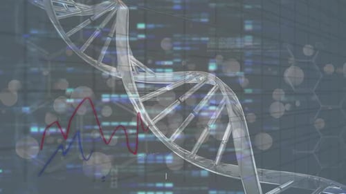Animation of dna strand and data processing on black background