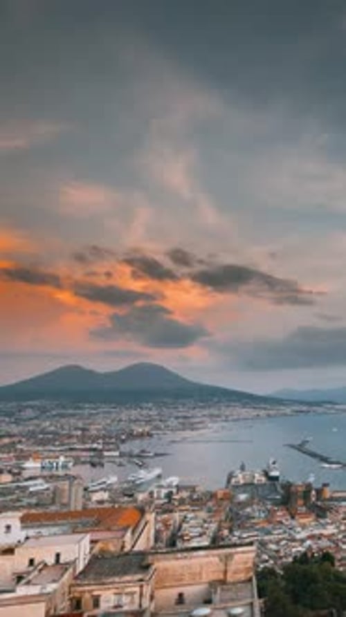 Hyperlapse Vertical Footage Of Naples Italy Top View Cityscape Skyline Of Naples With Mount Vesuvius