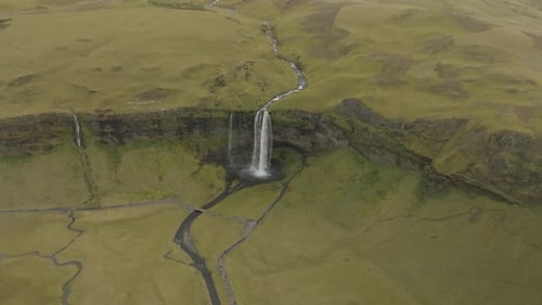 Aerial view of Seljalansfoss waterfall on the southern region of Iceland.