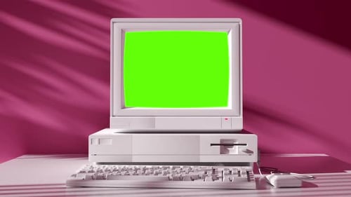 Retro 90s Style Old School Computer with Green Screen Technology Mockup Graphics
