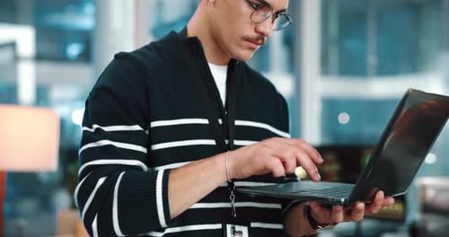 Laptop, business man and coding in office for software development, network or database update