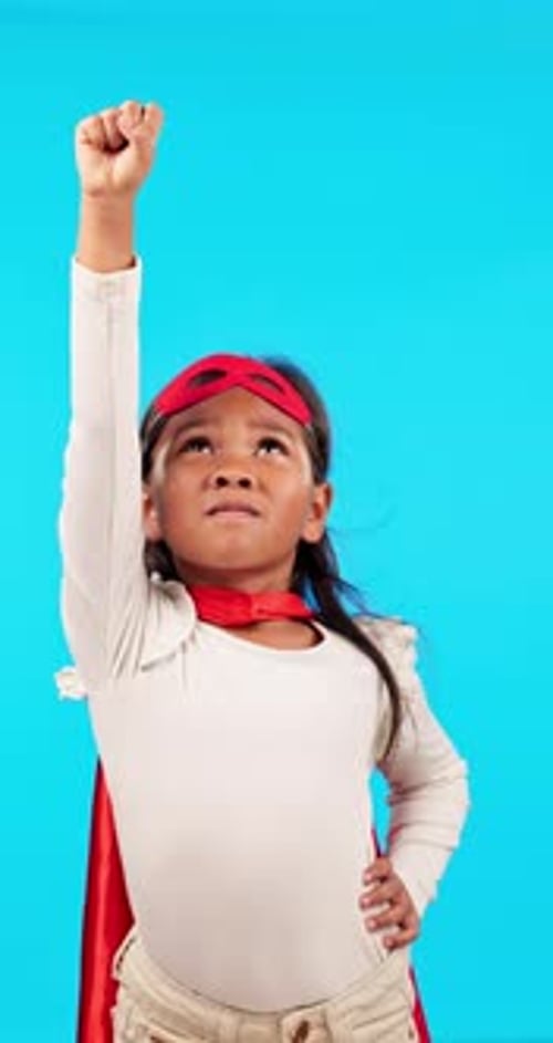 Girl, superhero costume and hand up to fly, play and fantasy with fun imagination