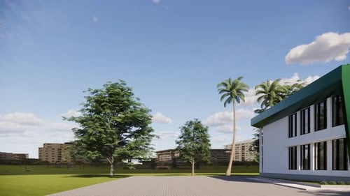 White building with palm trees and green lawn.