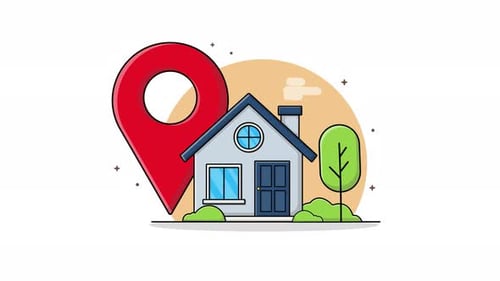 Animated Flat Design House with Location Pin