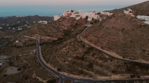 The white village Mojácar during sunset. Aerial shot.