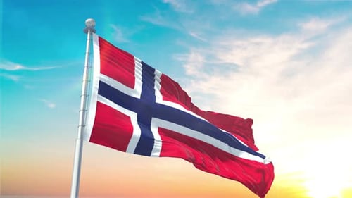 Waving Norway Flag Against Sunset Sky