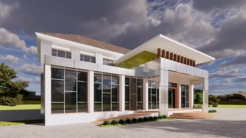 Edificio blanco moderno en un amplio espacio al aire libre.