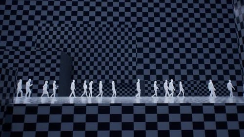 Abstract White Figures Walking on Checkered Stage Loop