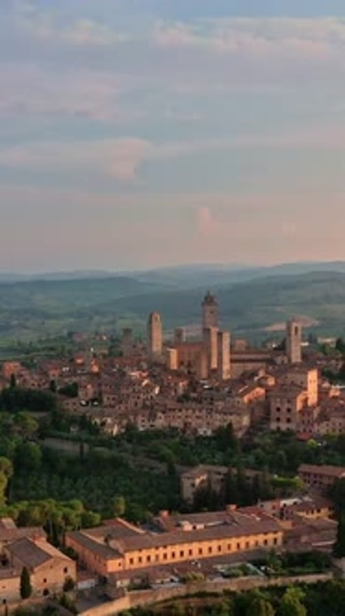 Aerial Upward Dolly or Fly Up Shot of San Gimignano Tuscany Italy