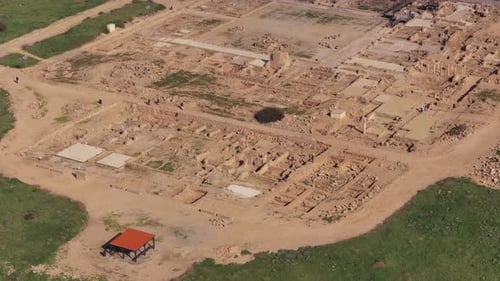 Aerial drone view of Paphos Archaeological Park ancient ruins and excavation site in Paphos, showcas
