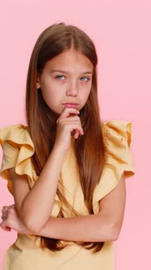 Child Girl Kid Thoughtfully Touching Chin Thinking Hard About Difficult Question Solving Problem