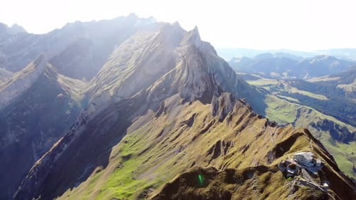 Aerial view of Schaefler ridge in Appenzell, Switzerland on a sunny afternoon
