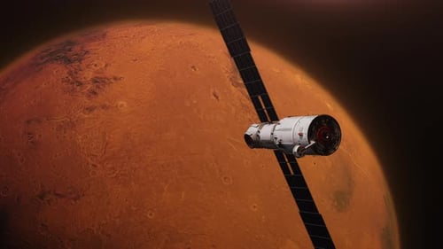 Futuristic Spacecraft Deploys Solar Panels Orbiting Red Planet Mars