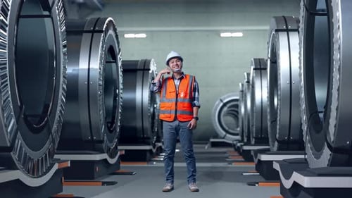 Asian Male Engineer Smiling To Camera And Making Call Me Gesture In Metal Factory