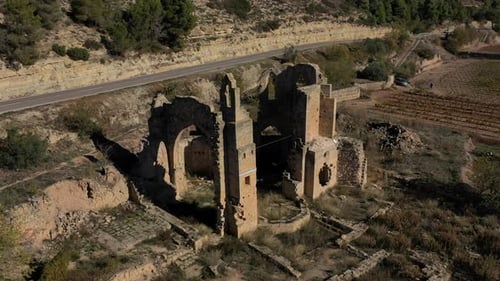Aerial view of ruins of the abbey of Santa Maria de Vallsanta , Lleida