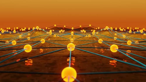 Network of yellow balls on the field with orange background. Looped animation