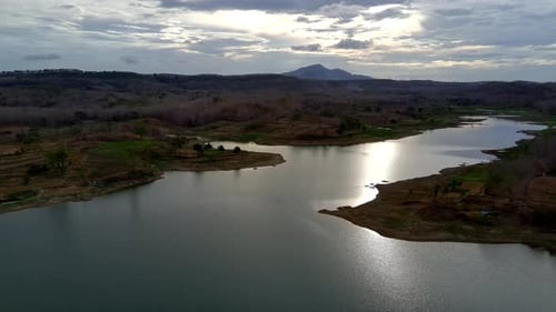 Aerial view of the natural lake between islands and hills
