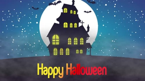 Animated Haunted House with Bats and Moon for Happy Halloween