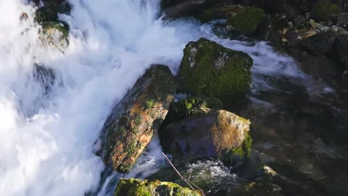 Fließendes Wasser fällt anmutig über moosige Felsen und sorgt für ein atemberaubendes Naturschauspiel