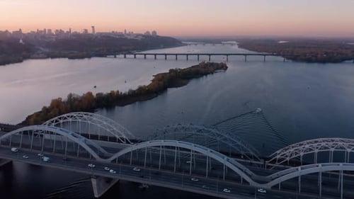 Evening Urban City Scape with Bridges Over the River