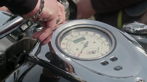 Shooter of the Motorcycle Speedometer Moves Closeup Arrow of the Motorcycle Speedometer Changes