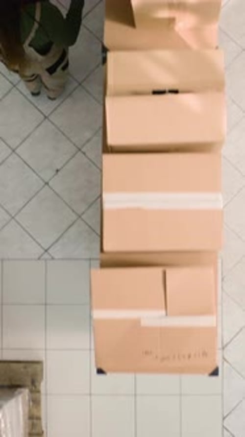 Vertical Video Warehouse Staff Members Examine Parcels