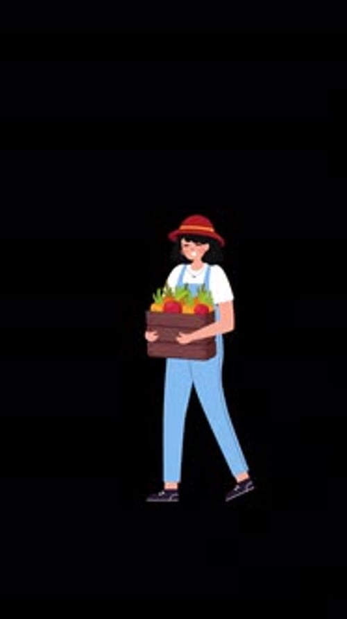 Female Farmer Holding A Fruit And Vegetable Basket On Vertical On Alpha Channel