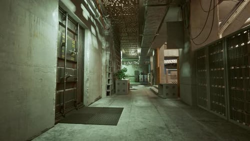 Desolate Underground Passage Illuminated By Green Glow with Industrial Elements