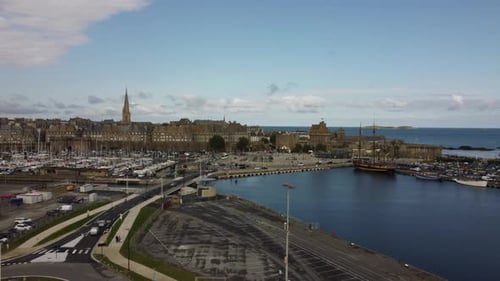 Saint-Malo port and cityscape, France. Aerial sideways