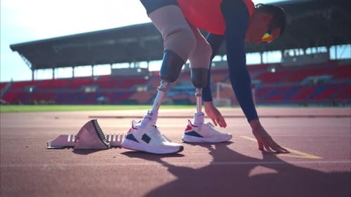 Disabled athletes prepare in starting position ready to run on stadium track