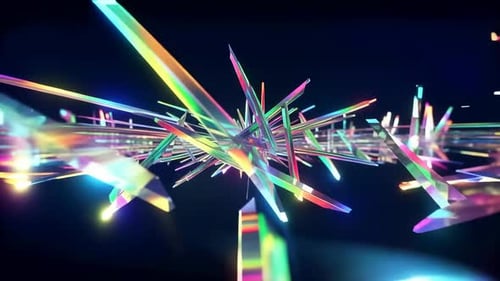 Irisierende Regenbogen-Kristallsplitter, die sich in 3D-Raumbewegung drehen