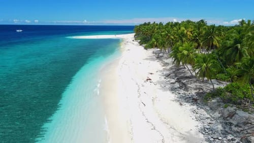 Maldives Islands Tropical Beach with Palms on a Sunny Day and Blue Ocean Aerial View Between the