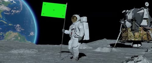 Astronaut Walking and Saluting with Green Screen Flag on Moon