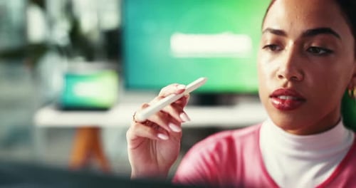 Woman, app designer and thinking with digital pen spin for website, planning