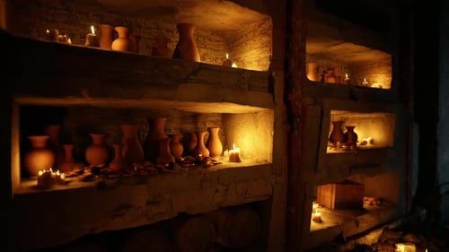 Poterie magnifiquement arrangée illuminée par une douce lumière de bougie dans un cadre confortable