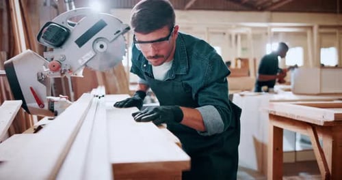 Woodworking, measure and man in workshop for project, planning or manufacturing furniture