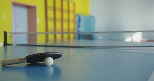 Table tennis in the gymnastics hall of a school. Palette with ping pong ball. Blue ping pong table i