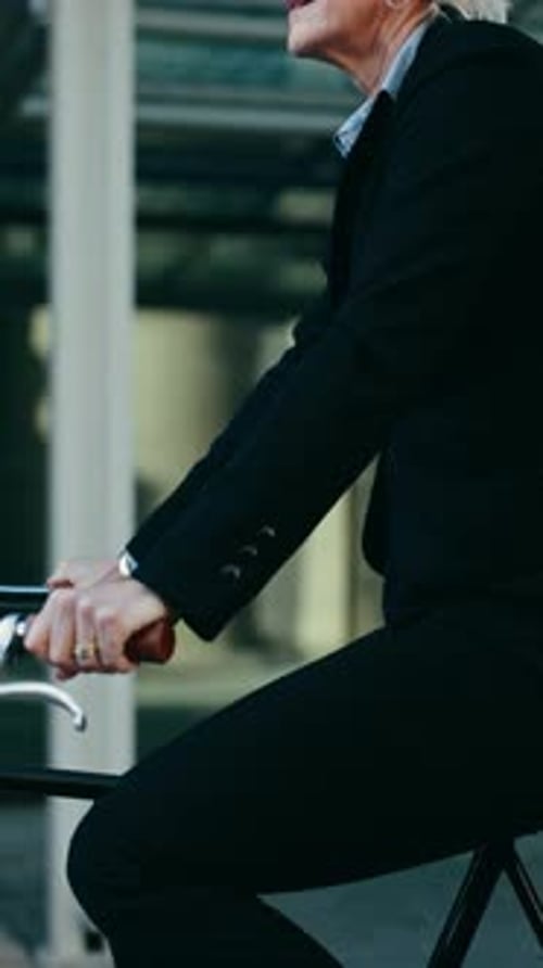 Travel, bicycle and mature business woman, lawyer or advocate on morning commute