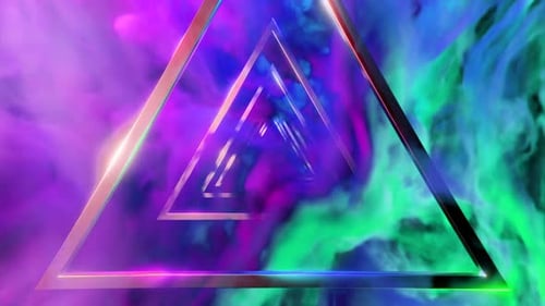 Surreal sky with flying silhouettes of triangles. Design. Bright clouds and the tunnel of triangles.