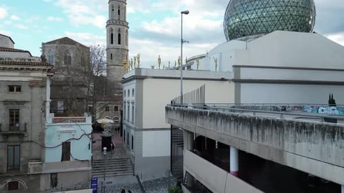 Aerial video of the city of Figueres Dali Museum Theater, Figueres, Spain