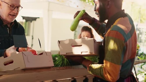 Customer Buying Vegetables at a Sunny Outdoor Market