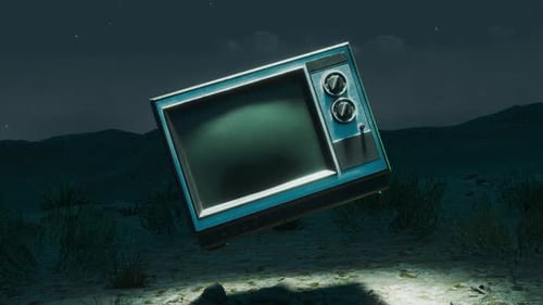 Floating Retro Television with Neon Glow in Desert Night