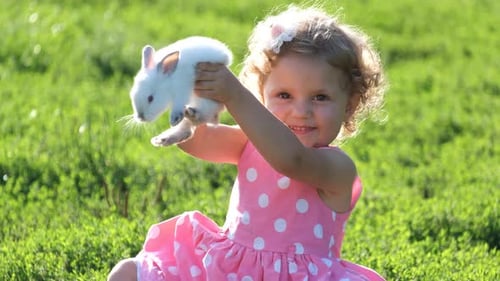 A 23Yearold Girl Plays with a White Fluffy Rabbit on Green Grass