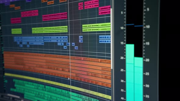 Computer monitor screen of a sound engineer showing audio tracks for ...