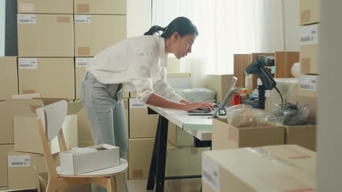 Youth attractive Asia female entrepreneur small business check parcel box key barcode.