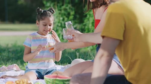 Family Enjoying a Picnic in a Sunny Park with Refreshing Drinks and Fresh Fruits on a Warm Summer