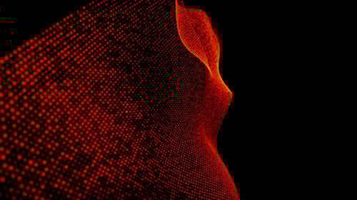 Roter Partikelwellenfluss mit digitaler Technologie auf schwarzem Hintergrund