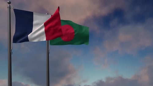 Realistic French and Bangladesh Flags Waving Against Cloudy Sky