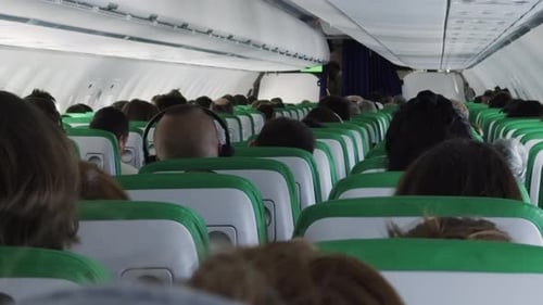 Passengers Group Sits Calmly on Comfortable Seats of Plane