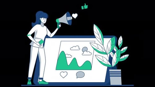 Woman in modern design presenting an idea with a megaphone